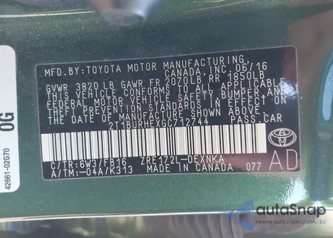 2016 Toyota Corolla Le Plus из США, поврежденный, VIN 2T1BURHEXGC712744